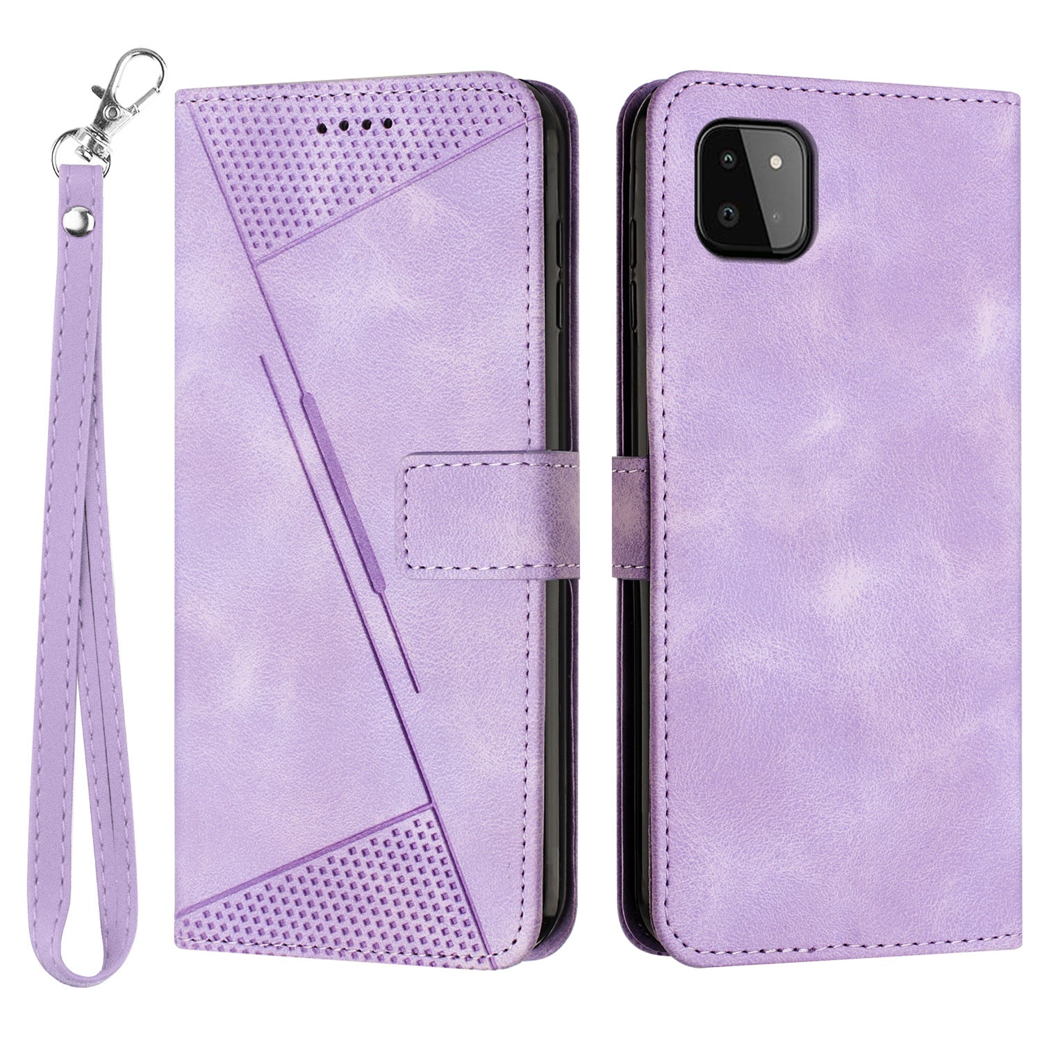 Anti-drop Phone Case for Samsung Galaxy A22 5G (EU Version) Triangle Imprint Leather Stand Wallet Cover with Strap Anti-drop Phone Case for Samsung Galaxy A22 5G (EU Version) Triangle Imprint Leather Stand Wallet Cover with Strap